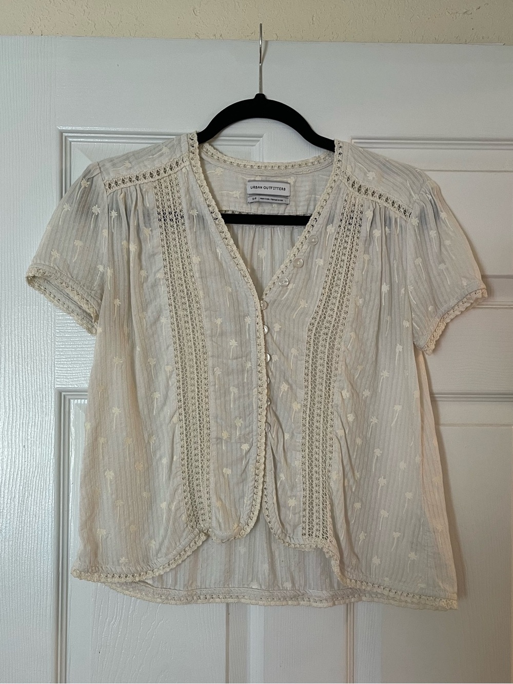 Urban Outfitters Cream Embroidered Lace-Trim Blouse